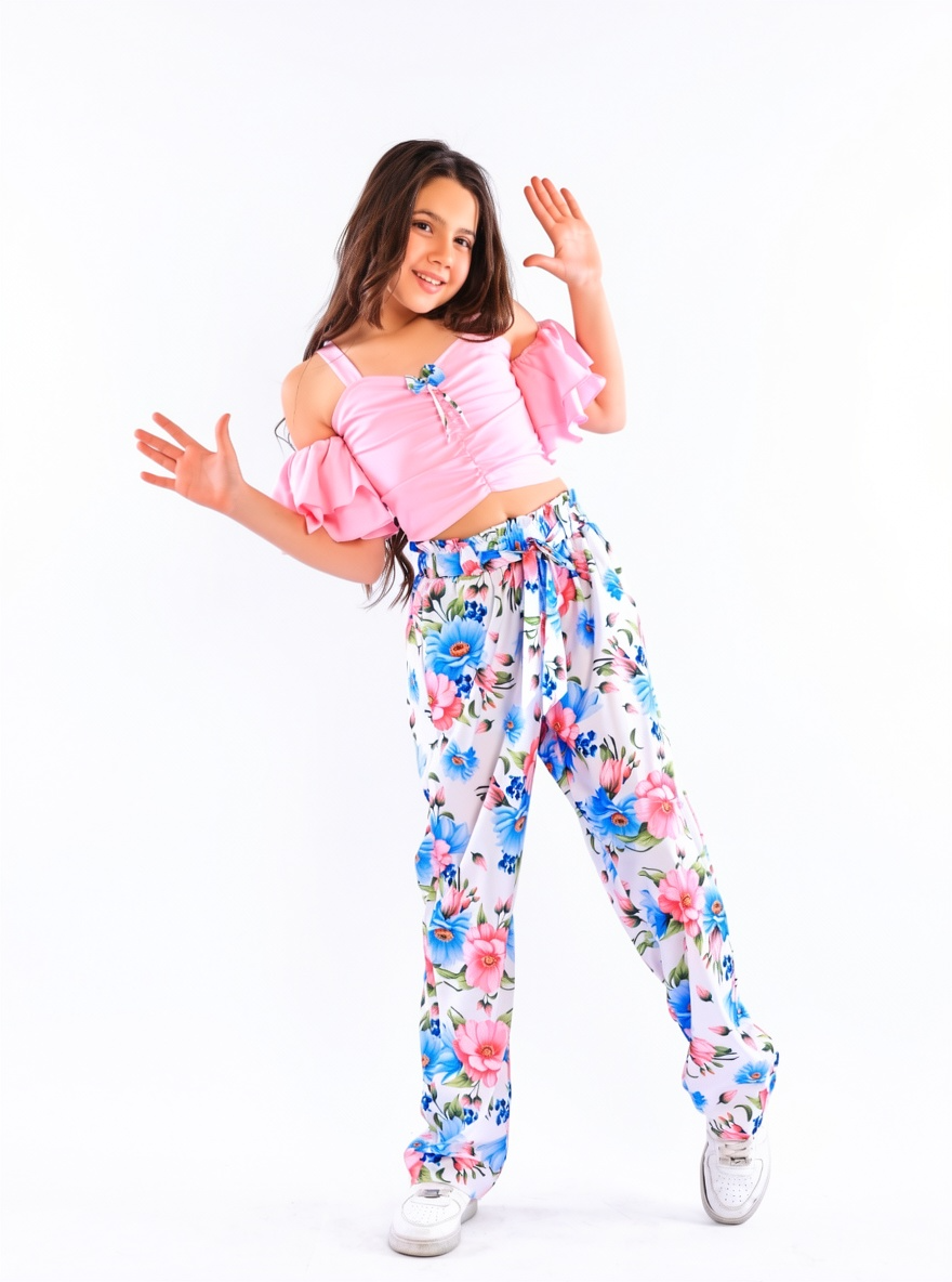 Girls' 2-Piece Off-Shoulder Ruffle Top & Floral Wide-Leg Pants Set