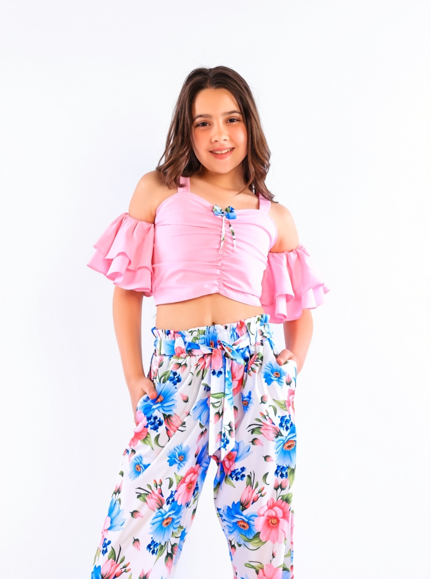 Girls' 2-Piece Off-Shoulder Ruffle Top & Floral Wide-Leg Pants Set